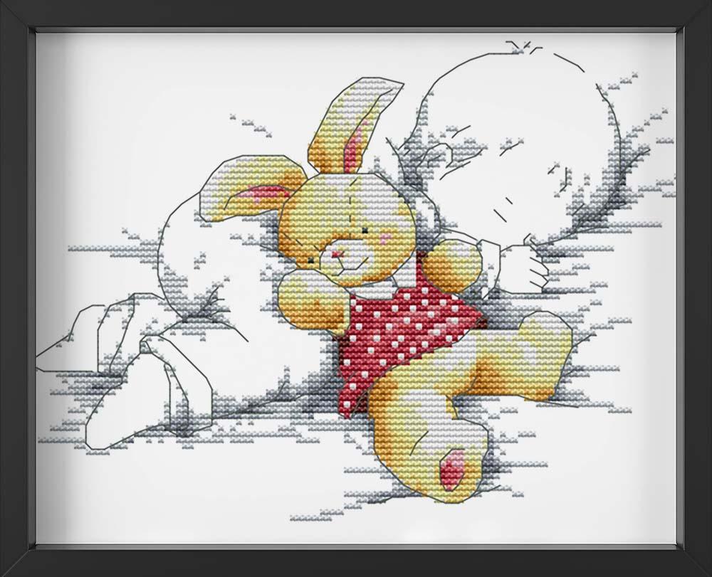 Kreuzstich -  Baby und kleiner Hase | 25x20 cm - Diy - Fadenkunst