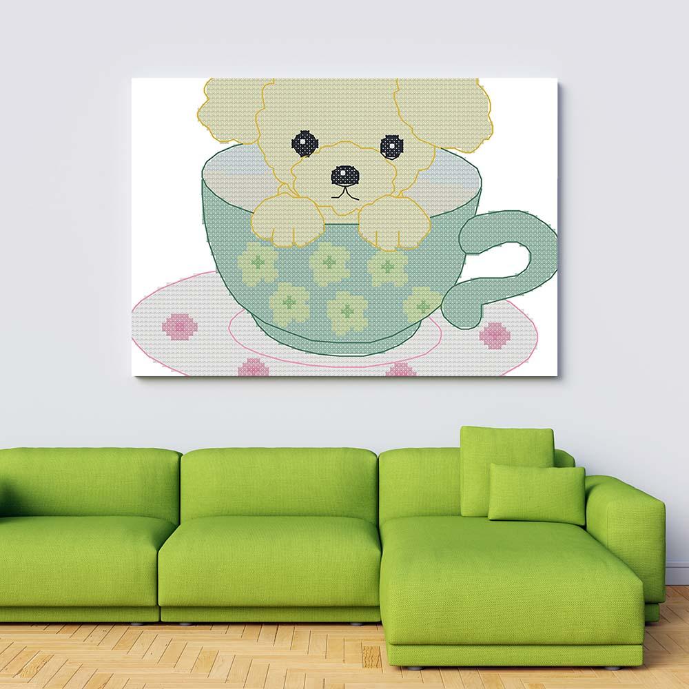 Kreuzstich -  kleiner Hund in Tasse | 20x20 cm - Diy - Fadenkunst