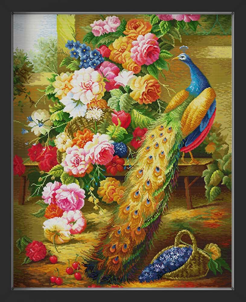Kreuzstich - Pfau mit bunten Blumen | 135x70 cm - Diy - Fadenkunst