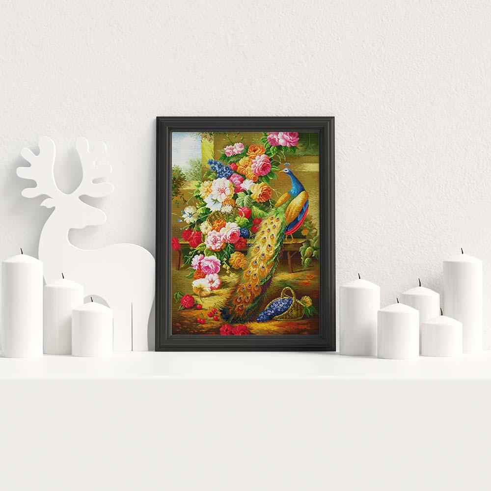 Kreuzstich - Pfau mit bunten Blumen | 135x70 cm - Diy - Fadenkunst