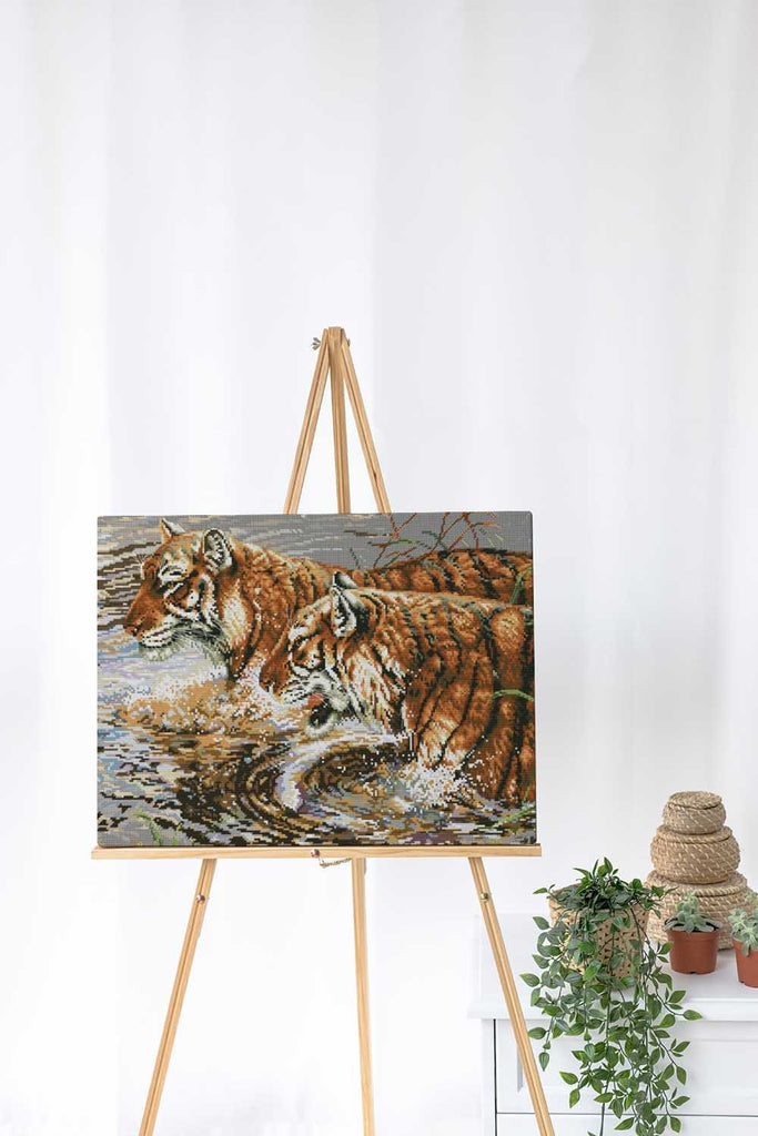 Kreuzstich - Tiger im Wasser | 55x40 cm - Diy - Fadenkunst