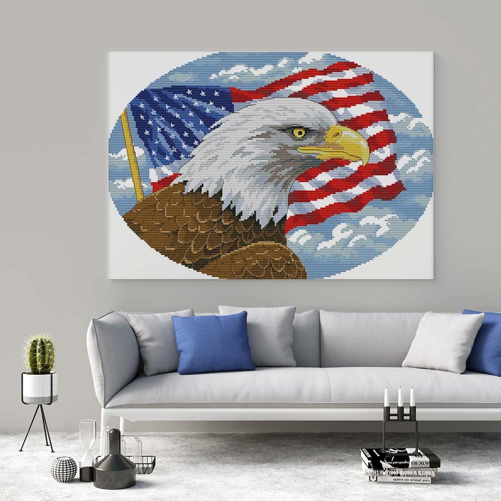 Kreuzstich - Adler mit Amerikanischen Flagge | 45x30 cm - Diy - Fadenkunst