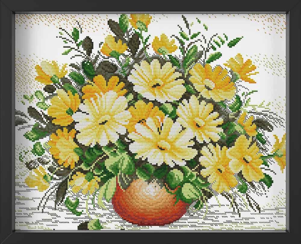 Kreuzstich -  gelbe Blumen in Vase | 40x30 cm - Diy - Fadenkunst