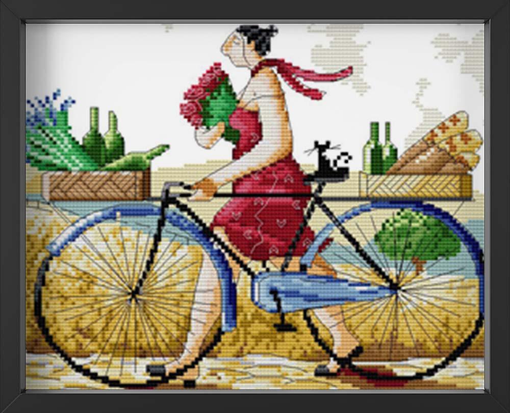 Kreuzstich -  Abstrakte Person mit Fahrrad und Blumen | 60x30 cm - Diy - Fadenkunst