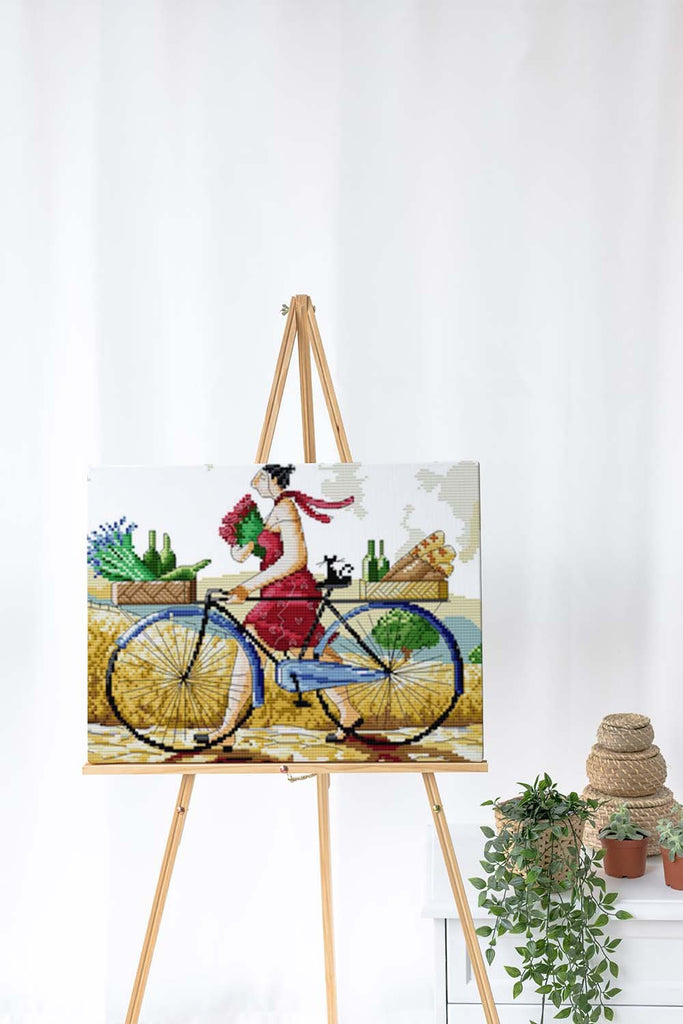 Kreuzstich -  Abstrakte Person mit Fahrrad und Blumen | 60x30 cm - Diy - Fadenkunst